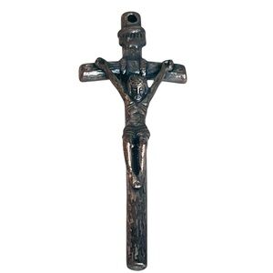 Vintage Pewter Crucifix Cross Necklace Pendant 2.25” Catholic Christianity Jesus